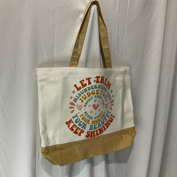 Let Them Canvas Tote Bag Large Capacity 15 X 18 X 5 Natural Linen Tan Bottom - Picture 6 of 7